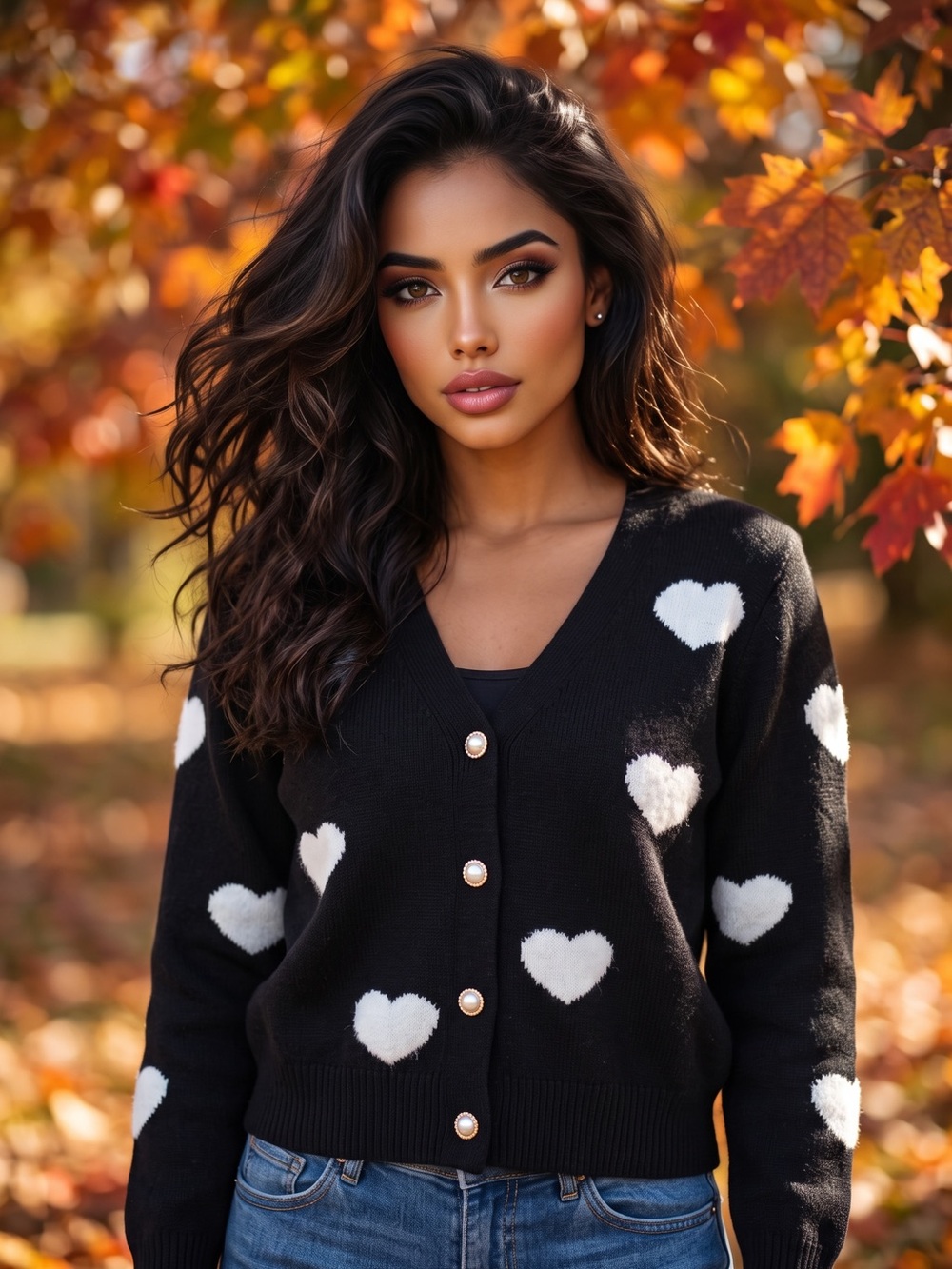 B817. Stylish Black Heart Pattern Cardigan Sweater